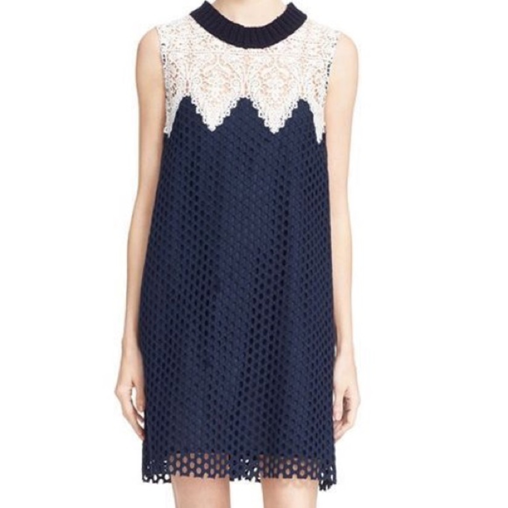 SEA New York Navy Blue Ivory Lace Mesh Crochet Chunky Knit Shift Tank Dress SZ 4